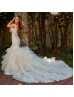 V Neck Beaded Ivory Lace Tulle Ruffle Wedding Dress